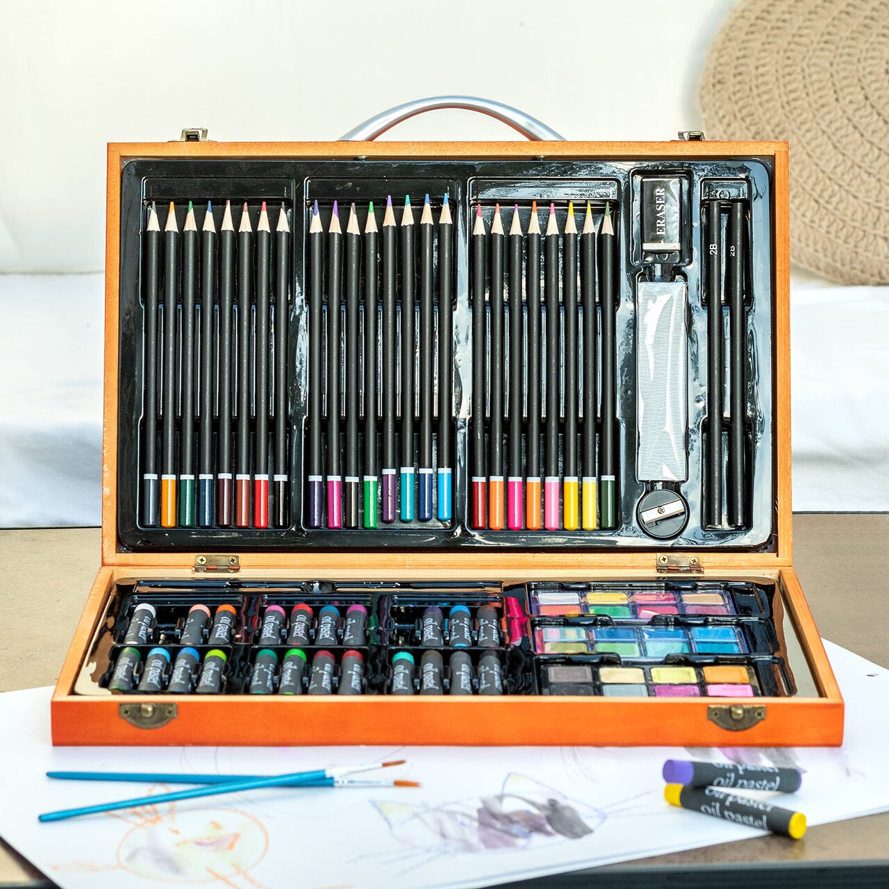 MAHITOI US 80+Piece Deluxe Artist Studio Creativity Set Wood Box Case - Art Painting, Sketching Drawing Set, 24 Watercolor Paint Colors, 24 Oil Pastels, 24 Colored Pencils, 2 Brushes, Starter Kit